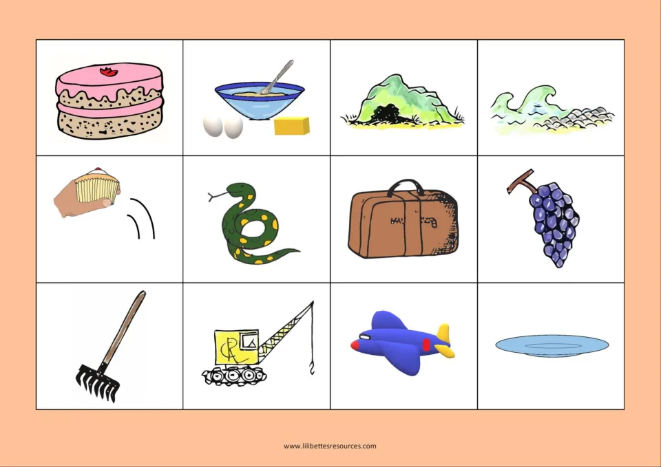 Long a picture board: cake, bake, cave, wave, snake, case, grapes, rake, crane, plane, plate and a throwing hand
