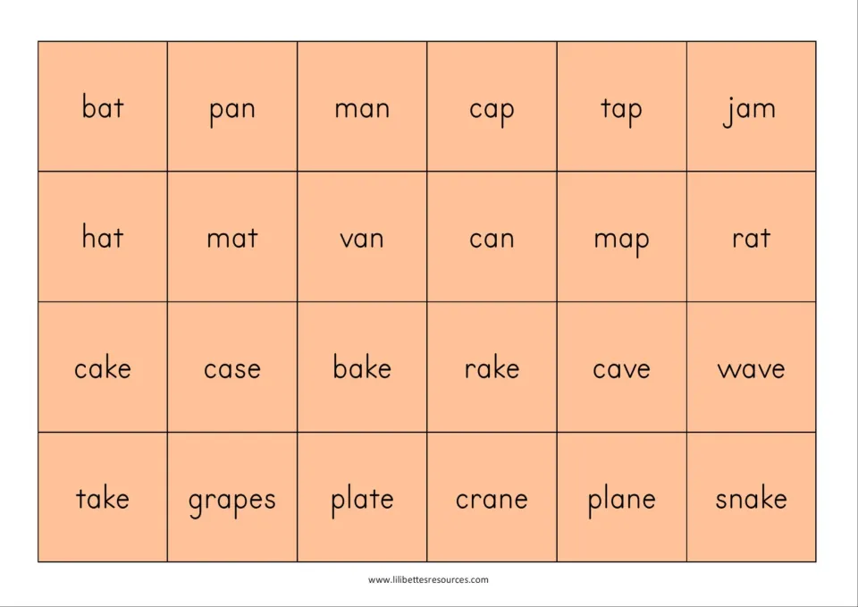 Caller's word card: 12 short a words like bat, jam and rat, plus 12 a-e words like cake, grapes, plane and snake