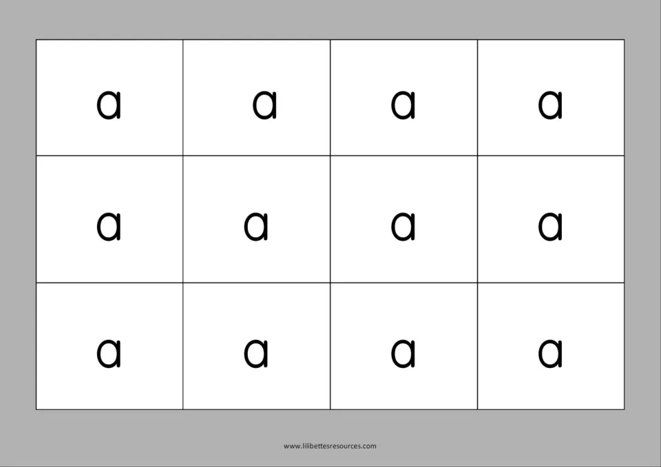 Grayscale copy of the short a sound board with the letter a printed in each of twelve spaces on a gray background
