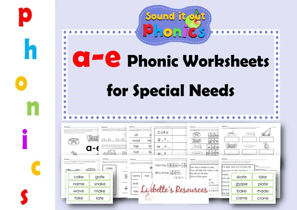 Cover of the a-e phonics pack for special needs, showing samples of worksheets and supporting word cards