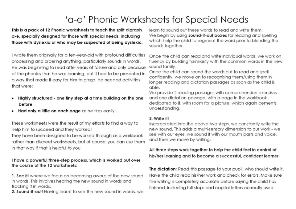 Teaching guide for the 12 a-e worksheets explains the See it, Sound-it-out, and Write it learning steps