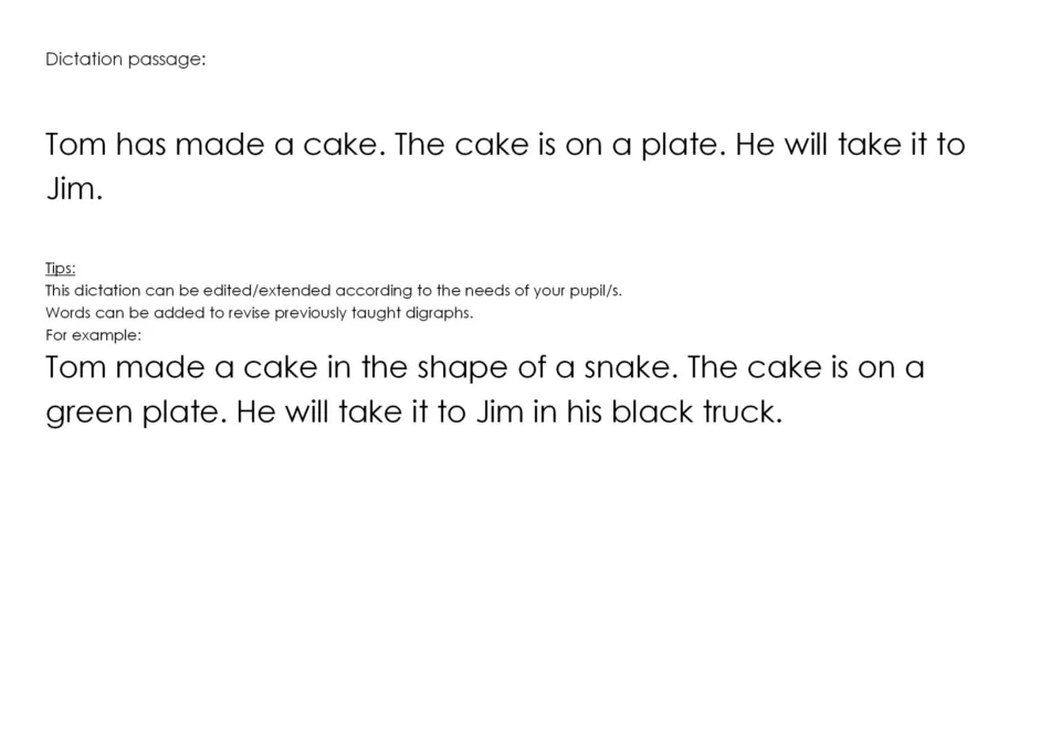 Dictation passage: Tom has made a cake on a plate and will take it to Jim, followed by an extended version