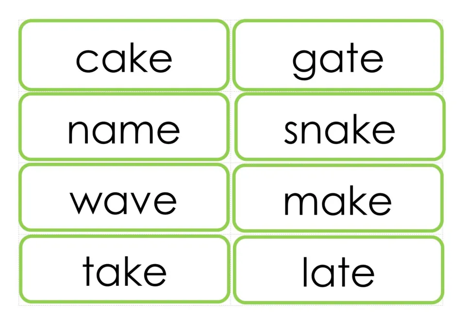 First eight a-e word cards for reading practice: cake, gate, name, snake, wave, make, take, and late