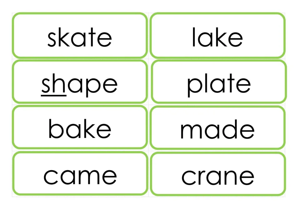 Second eight a-e word cards for reading practice: skate, lake, shape, plate, bake, made, came, and crane