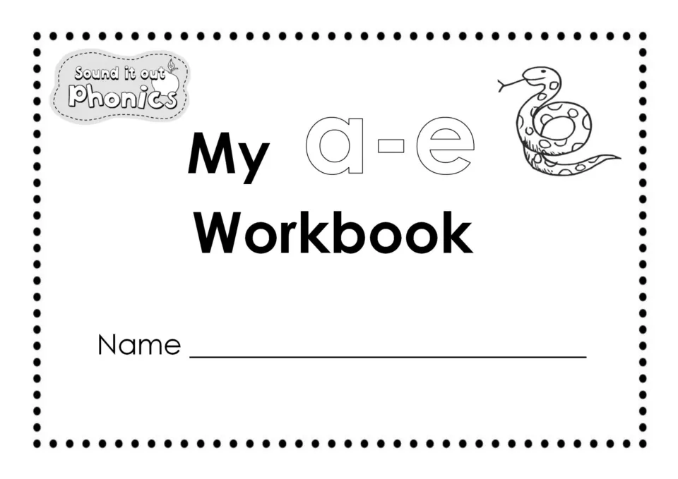 Student cover labeled My a-e Workbook introduces the phonics practice pages and has a place for a name