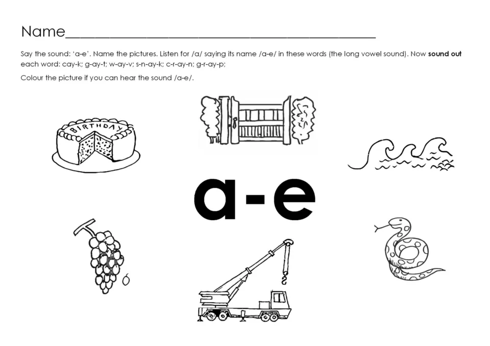 Sound recognition practice asks students to name and color a cake, gate, waves, grapes, crane, and snake