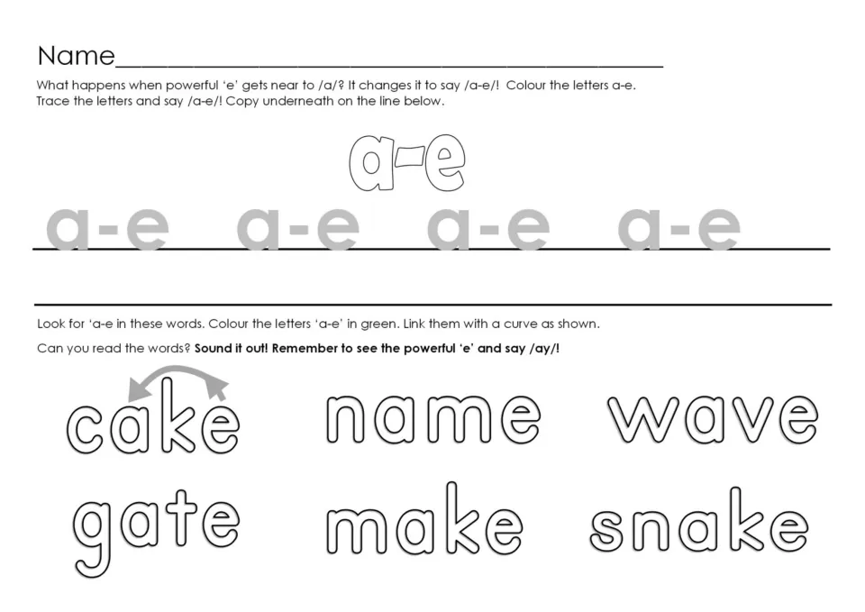Tracing and word reading practice highlights a-e in cake, name, wave, gate, make, and snake using color