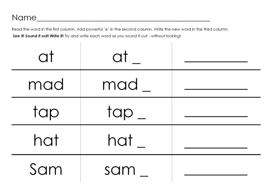 Word building practice asks students to add final e to at, mad, tap, hat, and sam, then write each new word