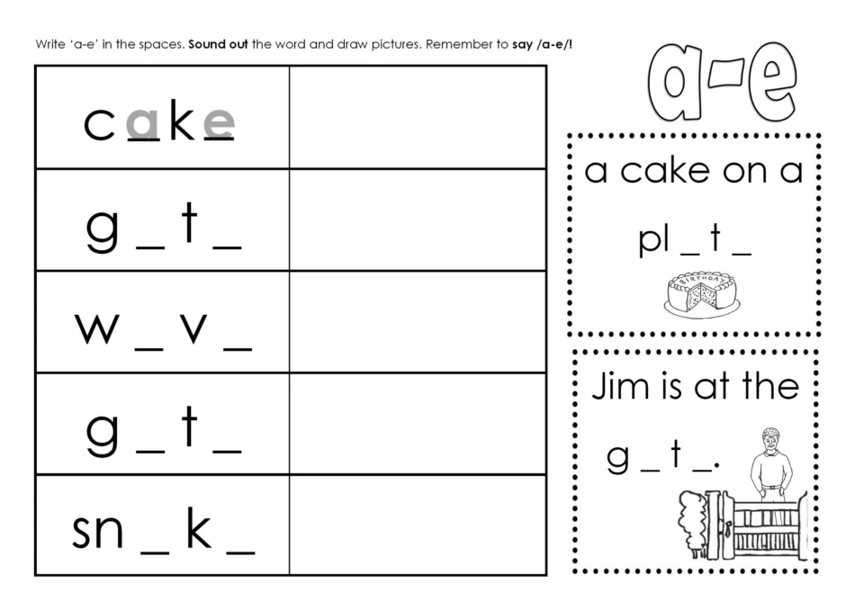 Spelling practice fills in a-e in cake, gate, wave, and snake, adds drawings, and completes two phrases