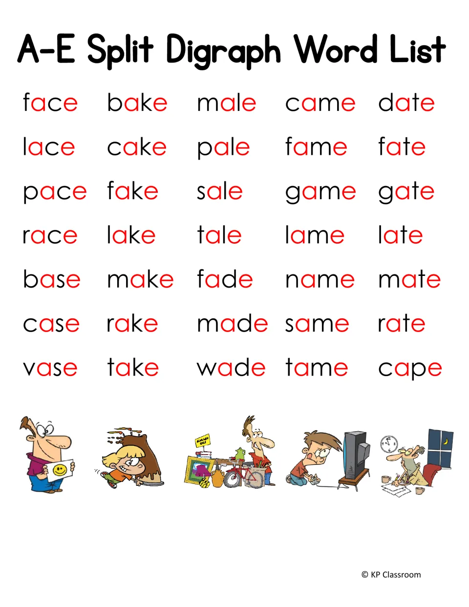First a-e word list: 35 long a words such as face, bake, male, came and date, with the a and e printed in red