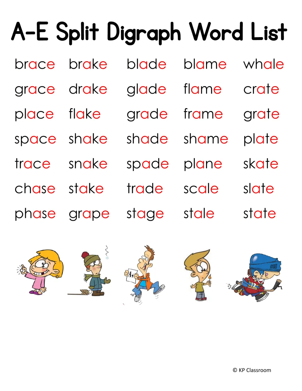 Second a-e word list: 35 blend spellings such as brace, flake, blame, trade and state to read aloud