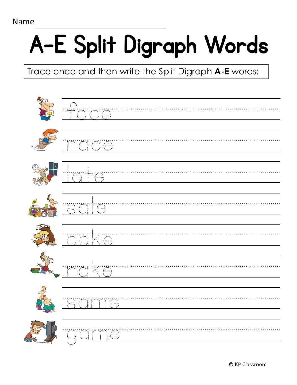 Split digraph handwriting: students trace, then write face, race, late, sale, cake, rake, same and game beside pictures