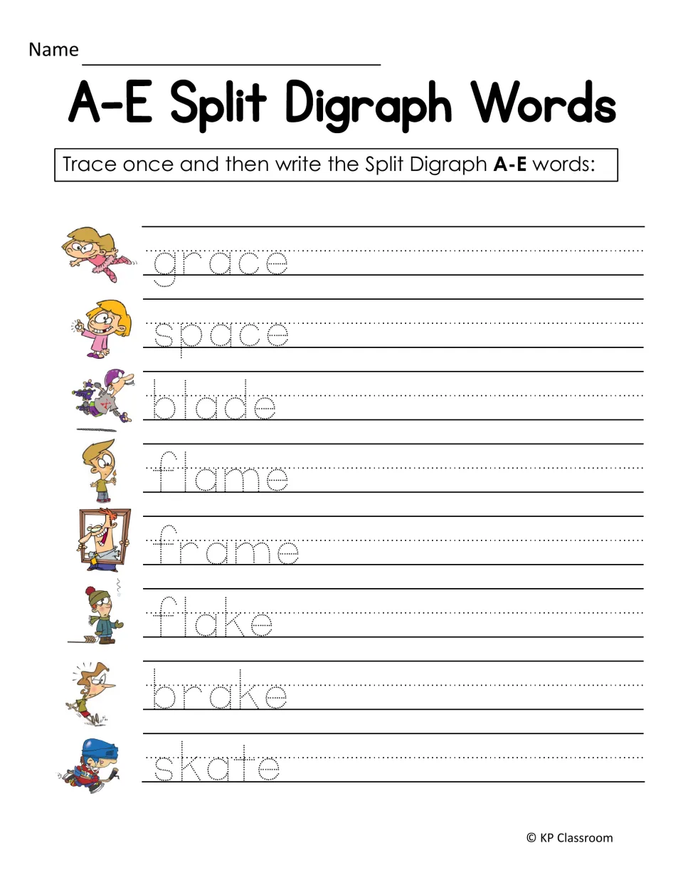 Tracing a-e words with blends: students trace and copy grace, space, blade, flame, frame, flake, brake and skate