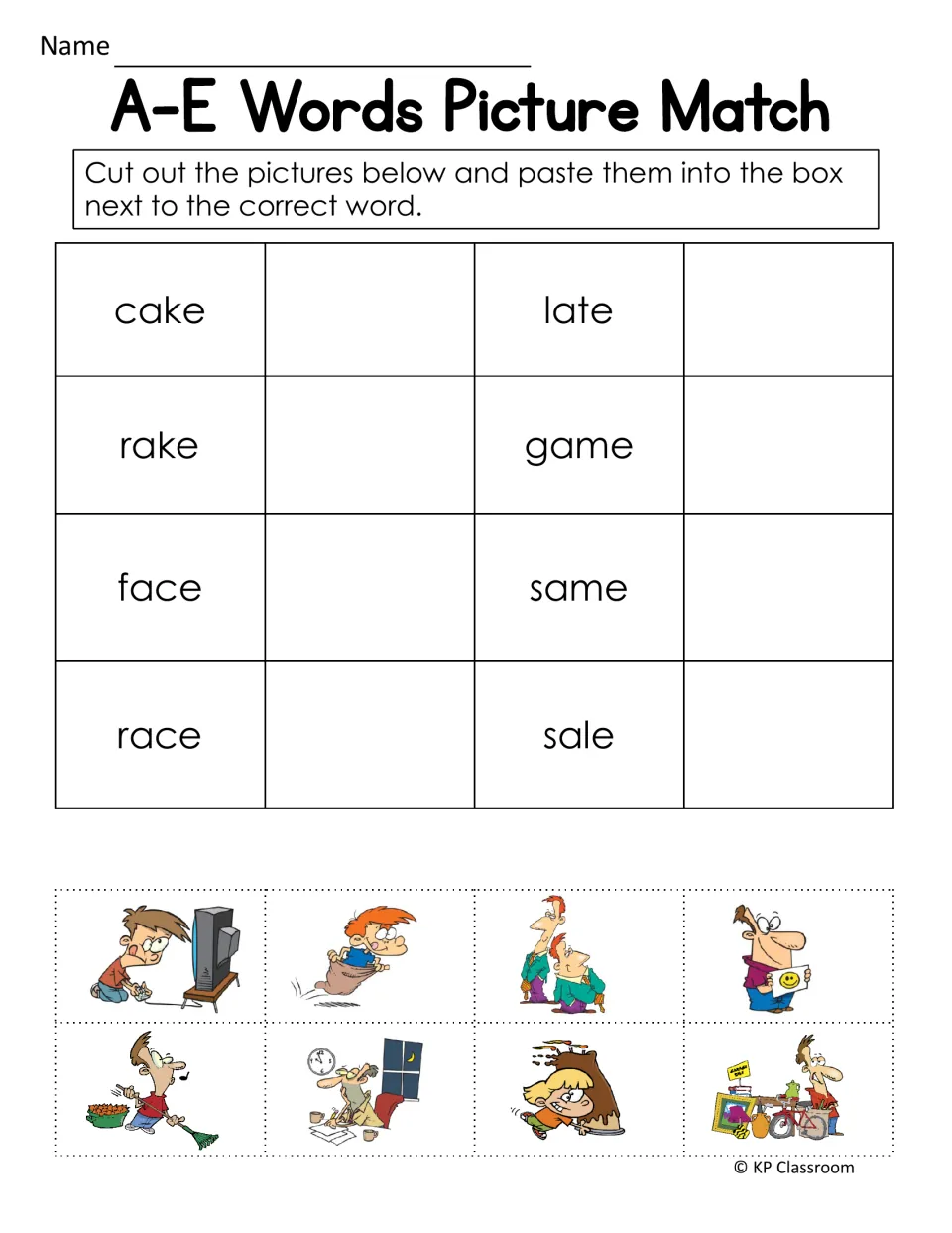 Long a picture match: students cut out 8 pictures and paste each beside cake, late, rake, game, face, same, race or sale