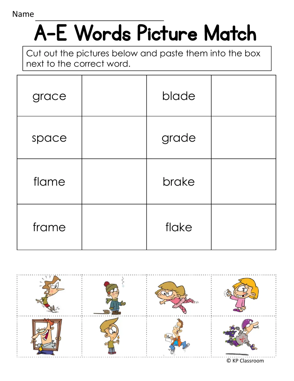 Picture match with blends: students paste cut-out pictures by grace, space, blade, flame, frame, brake and flake