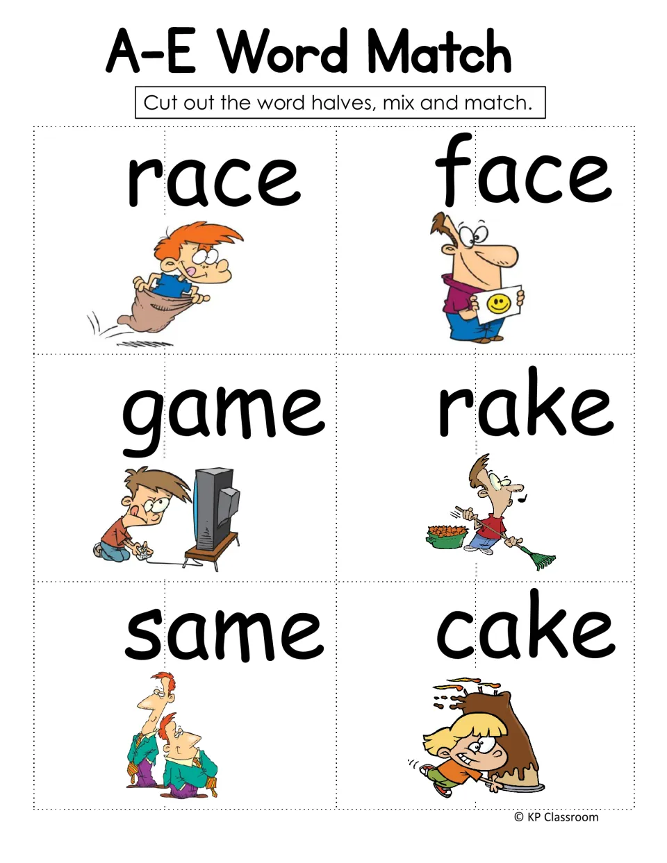 Mix-and-match word cards: cut-out halves of race, face, game, rake, same and cake, each with a picture clue