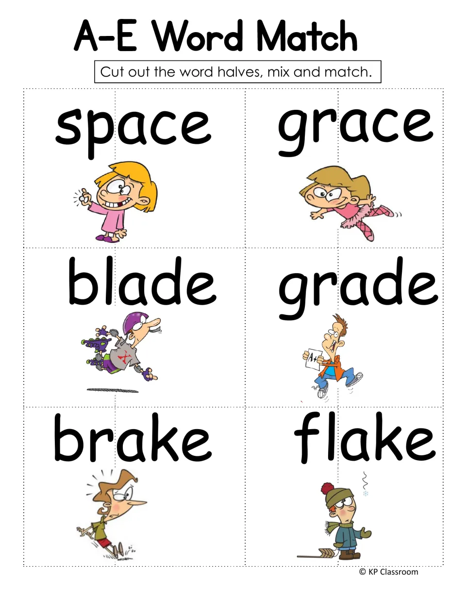 Word-half cards set two: space, grace, blade, brake and flake with pictures, cut apart for students to rejoin