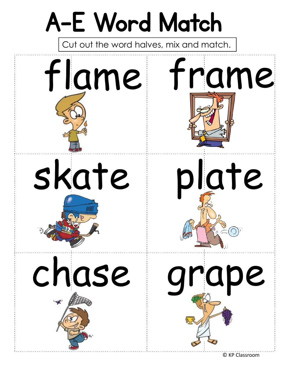 Word-half cards set three: flame, frame, skate, plate, chase and grape illustrated, cut apart and paired again