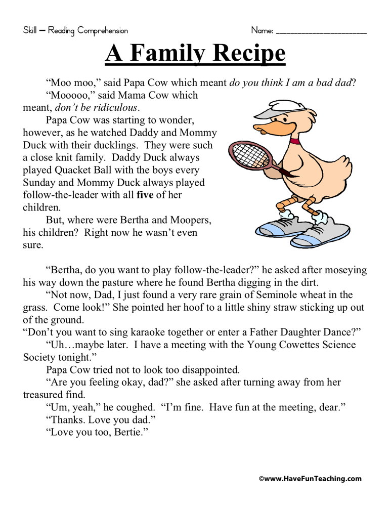 A Family Recipe Reading Comprehension Worksheet By Teach Simple