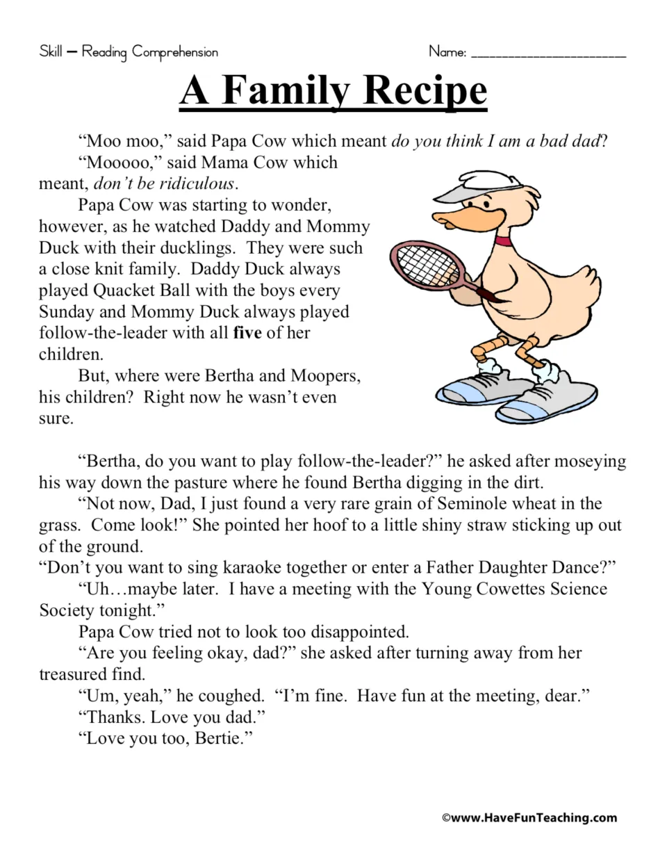 Story reading, part 1: Papa Cow sees the close-knit Duck family and worries when daughter Bertha is too busy to play