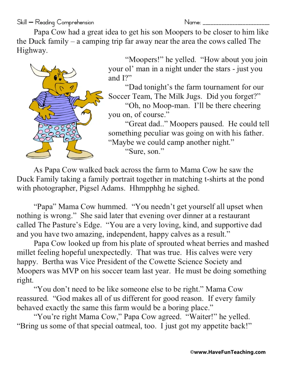 Story reading, part 2: son Moopers skips a camping trip for soccer, and Mama Cow reassures Papa Cow he is a good dad