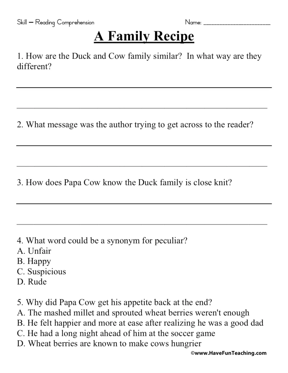 Comprehension questions: compare the Duck and Cow families, find the author's message, and pick a synonym for peculiar