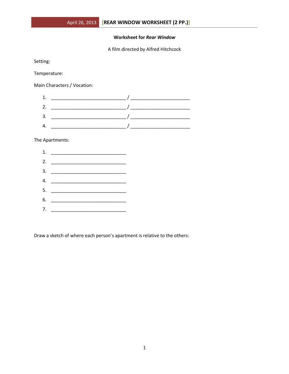 Film viewing worksheet: record setting, temperature, four characters and jobs, and seven apartments to sketch