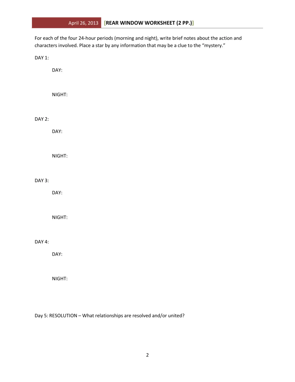 Film viewing notes for days 1–4, split into day and night, with clues to star and a day 5 resolution prompt