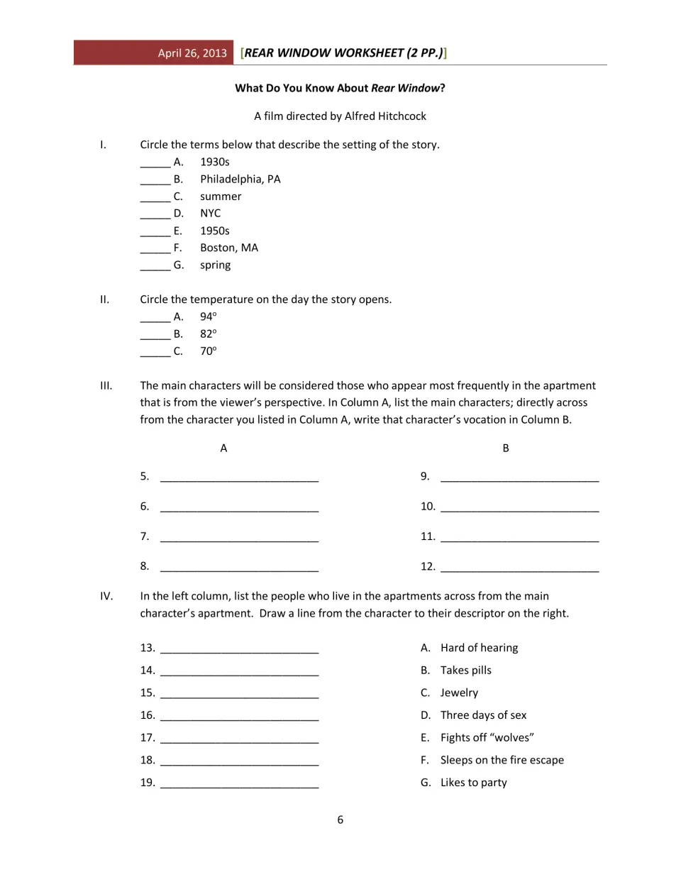Film assessment asks about setting, opening temperature, four characters and jobs, and seven neighbors