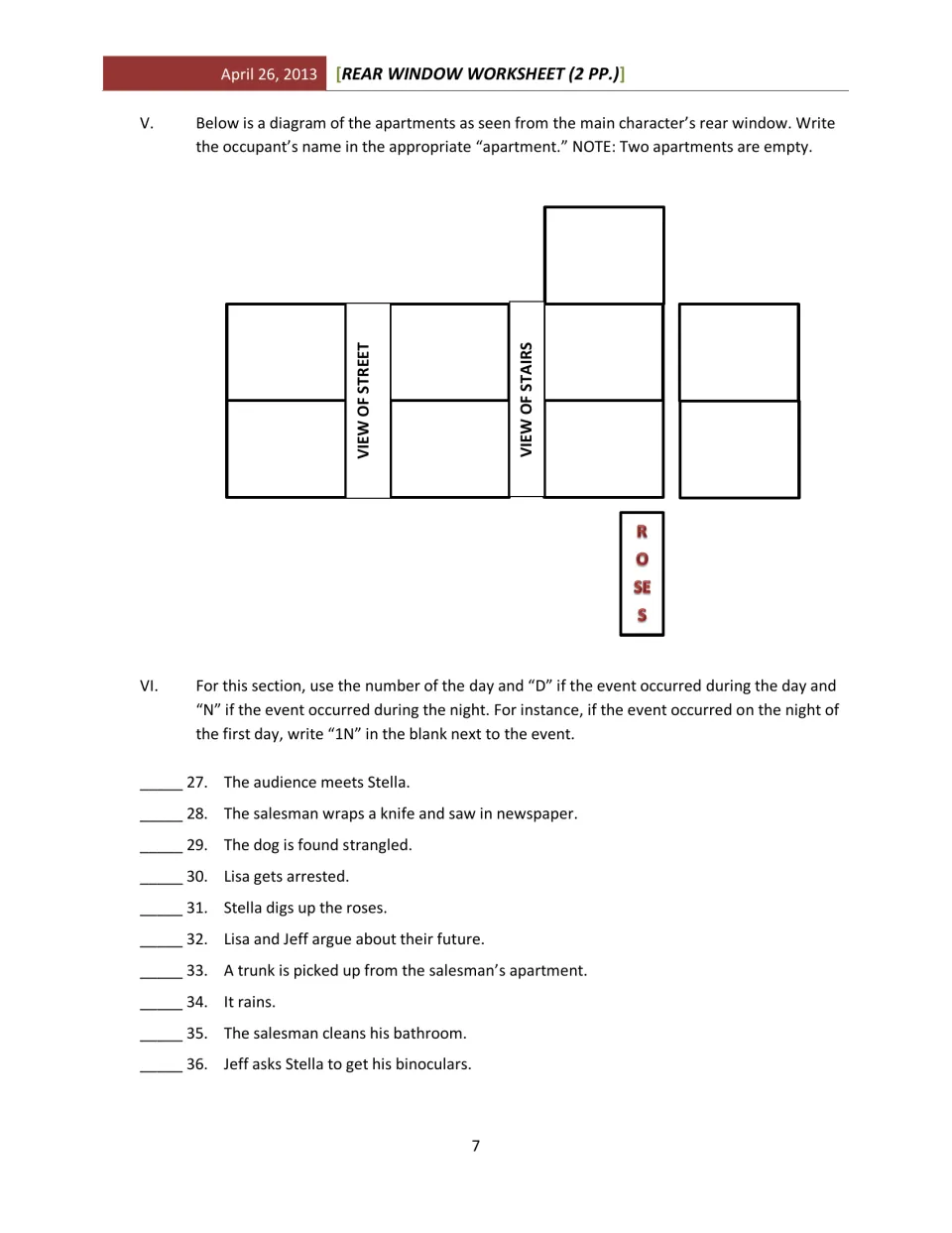 Film assessment: label neighbors on an apartment diagram and identify the day or night of ten plot events