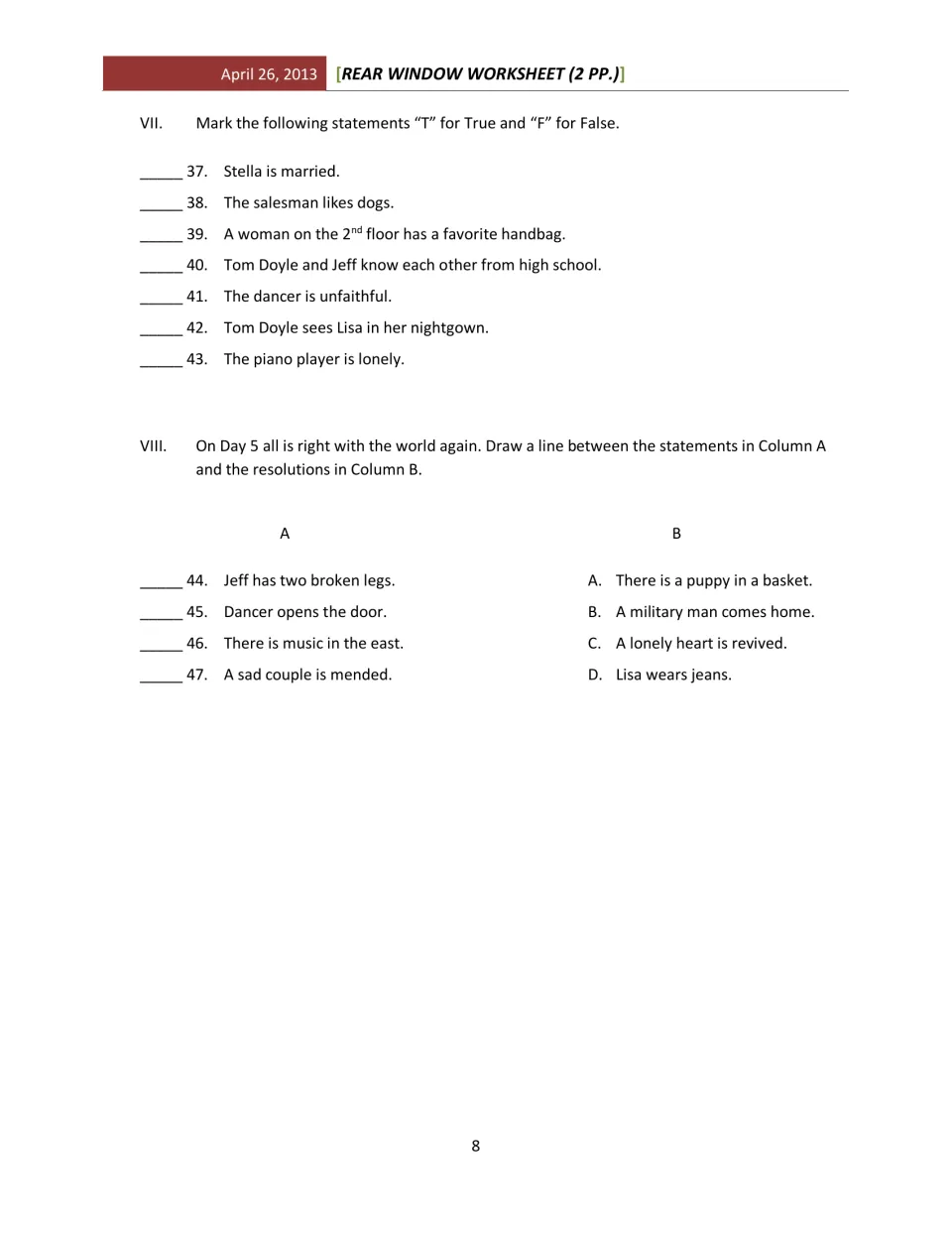 Film assessment includes seven true-or-false statements about characters and four day 5 resolution matches