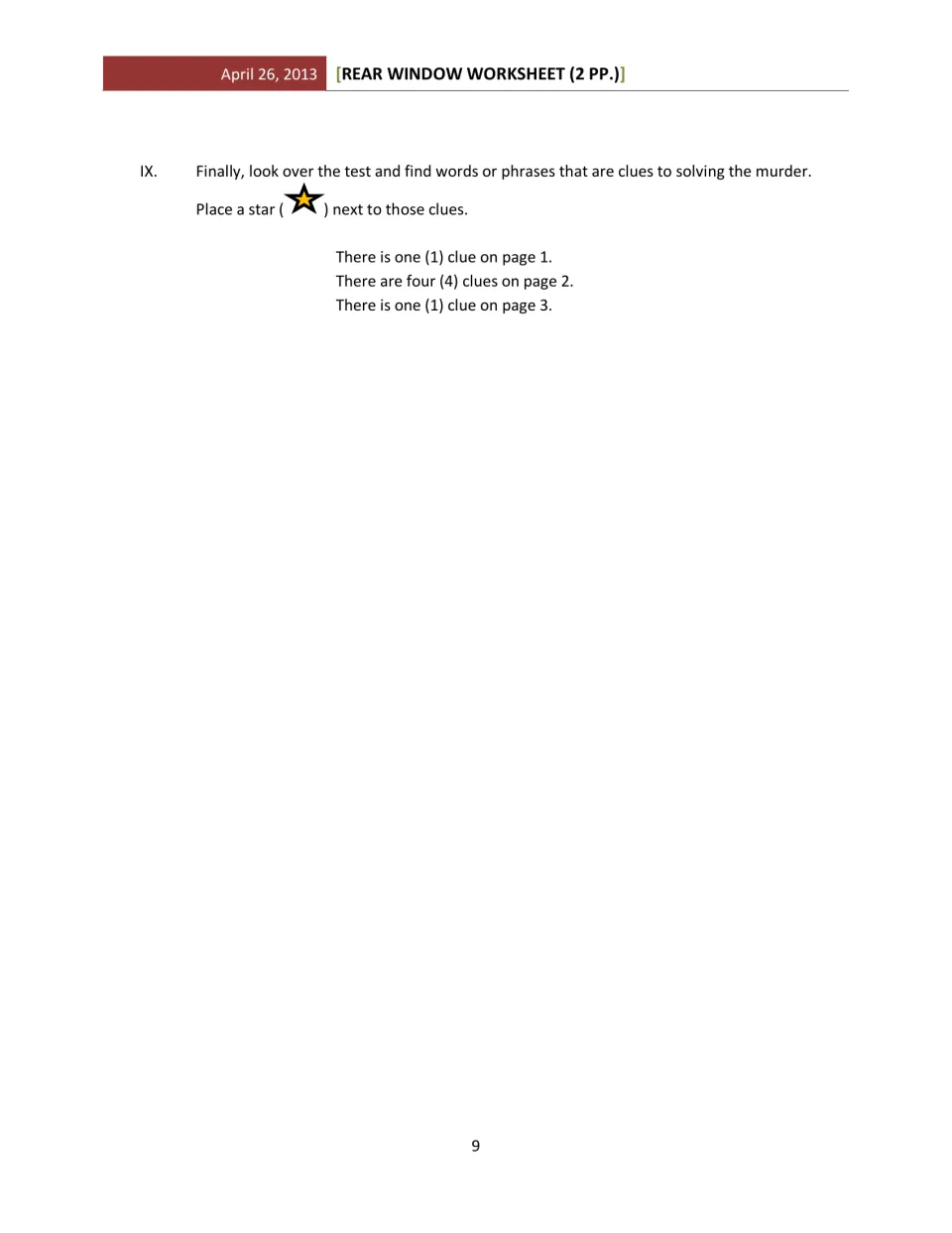 Film assessment final task: star six murder clues across the preceding three pages, distributed one, four, one