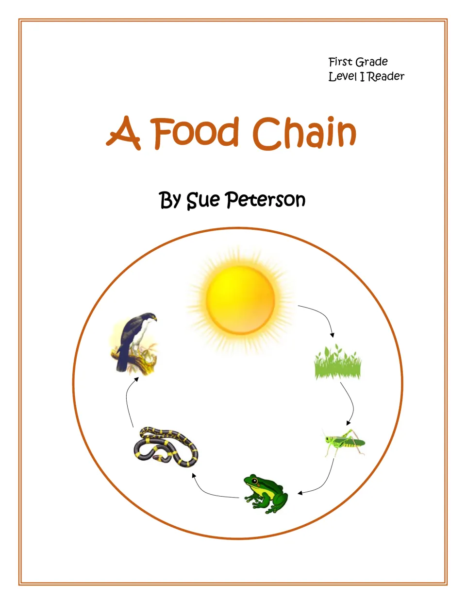 A Food Chain cover, a First Grade Level I Reader by Sue Peterson, showing sun, grass, grasshopper, frog, snake and hawk
