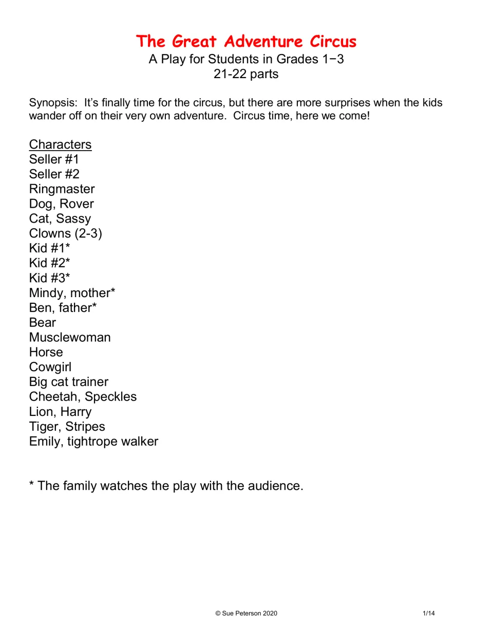 Play synopsis and cast list for 21–22 parts, including sellers, a ringmaster, clowns, animals, and a family