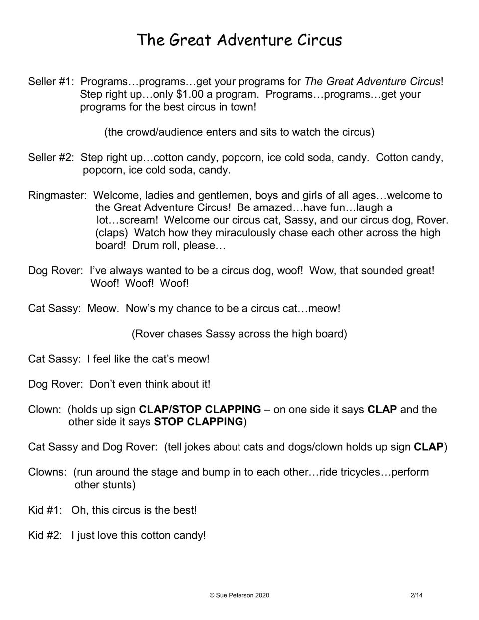 Opening script page: sellers greet the audience, the ringmaster introduces Rover and Sassy, and clowns perform