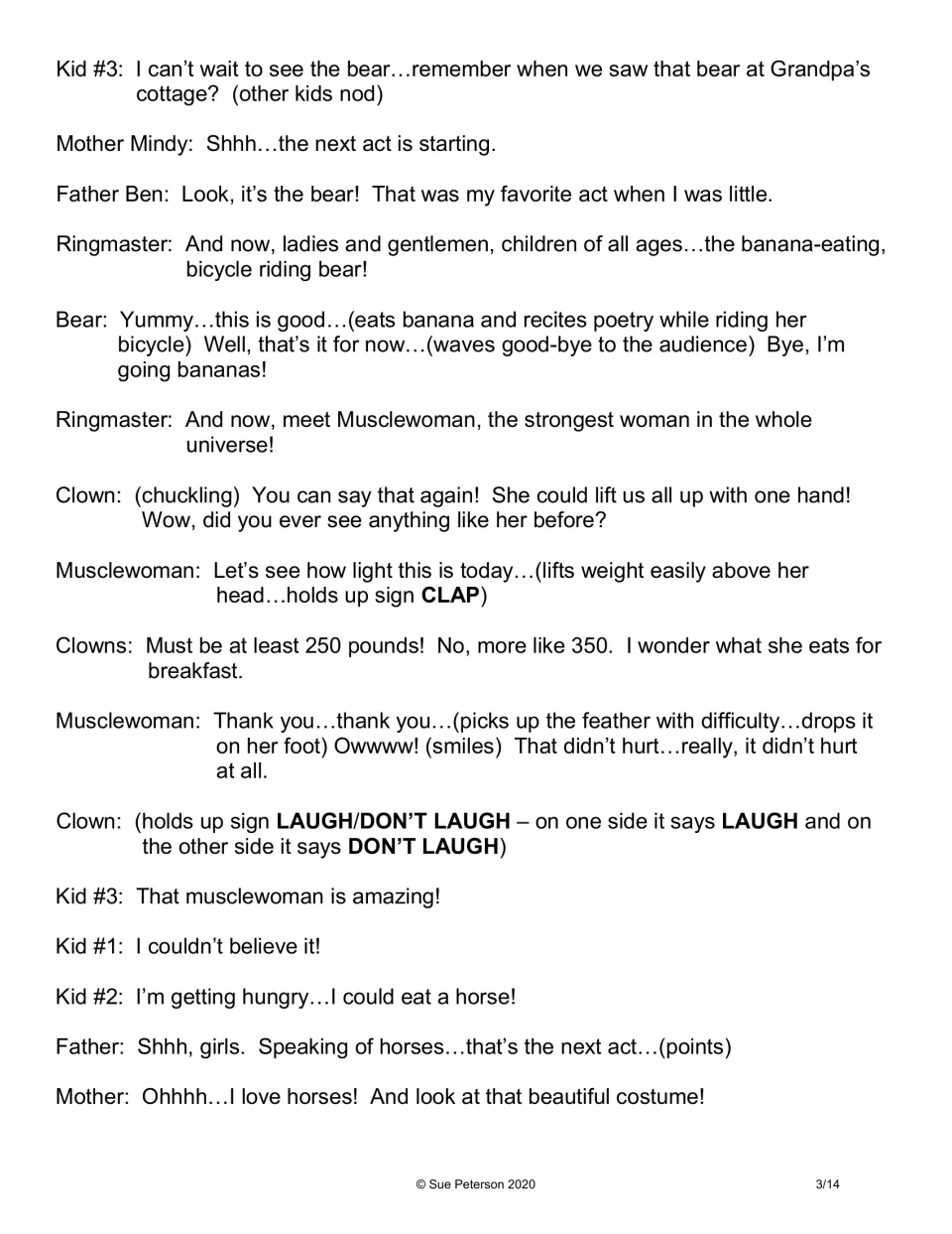 Second script page: a bicycle-riding bear eats a banana, and Musclewoman lifts a weight but struggles with a feather