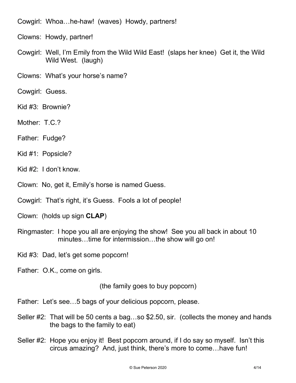 Third script page: the cowgirl introduces her horse named Guess, and the family buys popcorn at intermission