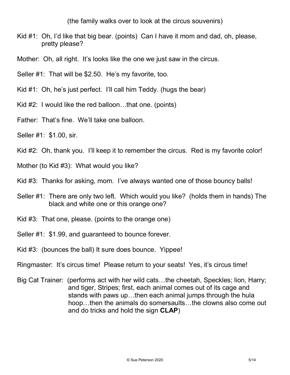 Fourth script page: the family buys a bear, balloon, and ball before the big cat trainer leads an animal act