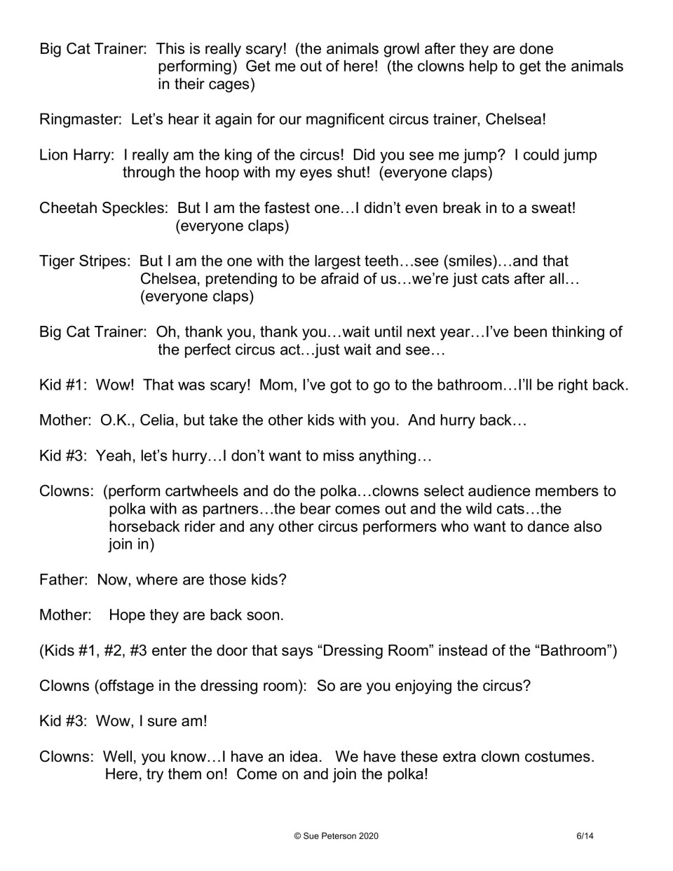 Fifth script page: the big cats speak, clowns dance the polka, and the children enter the clown dressing room