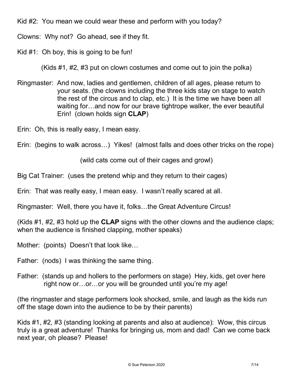 Sixth script page: children perform in clown costumes, Erin walks the tightrope, and parents recognize their kids