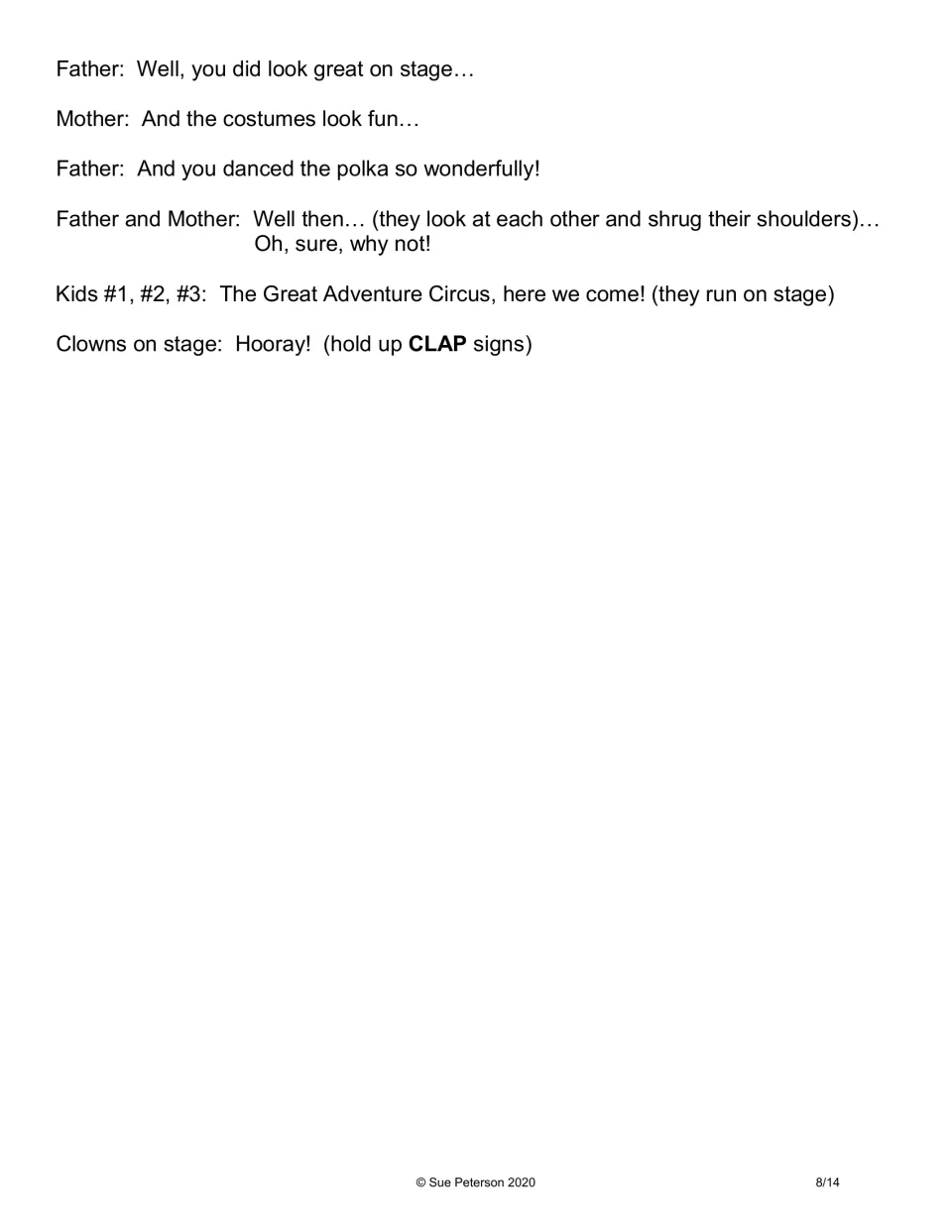 Final script page: the parents agree to return next year, the children run onstage, and clowns cheer
