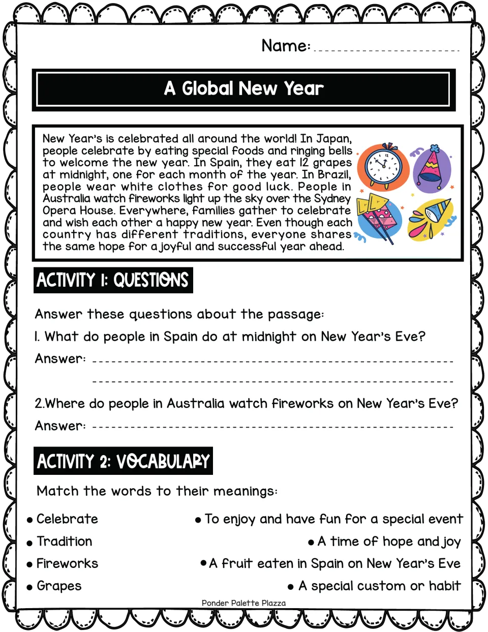 New Year traditions in Japan, Spain, Brazil and Australia: students read a passage, answer 2 questions and match 4 words