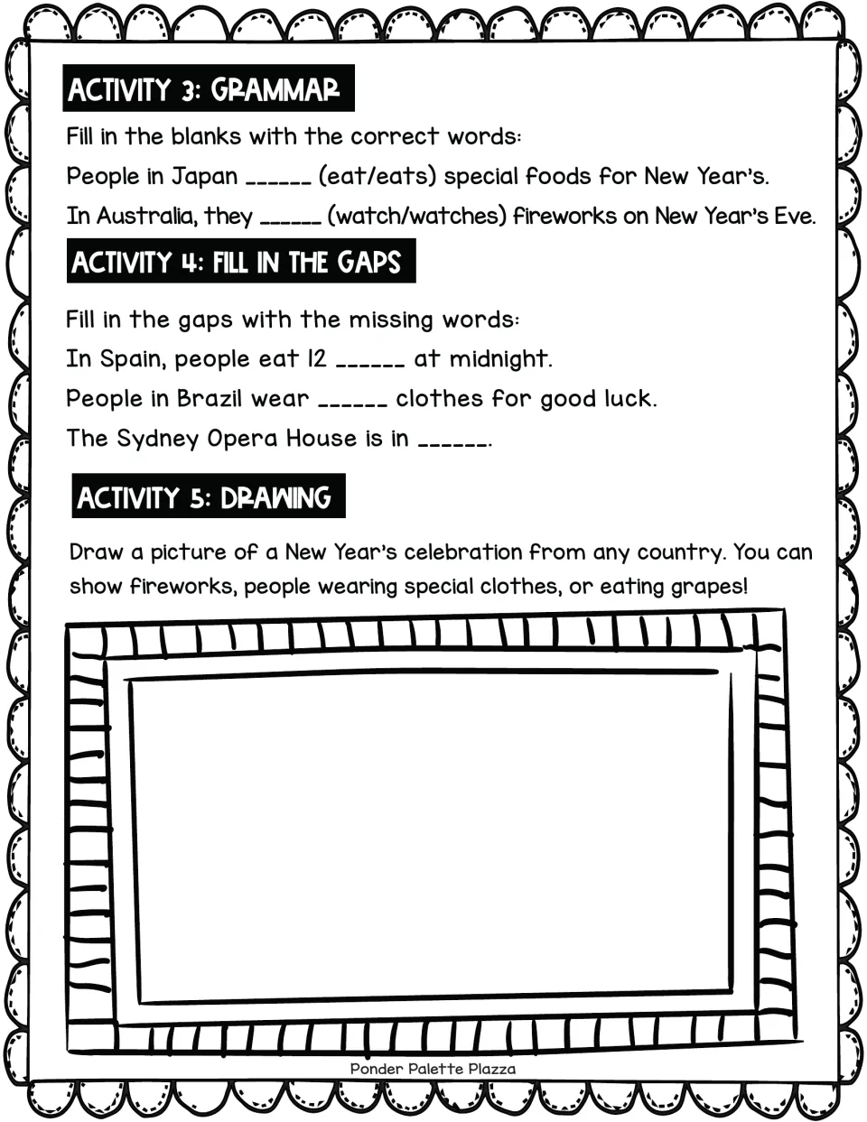 New Year grammar and recall: students choose eat/eats or watch/watches, fill in 3 missing words, then draw a celebration