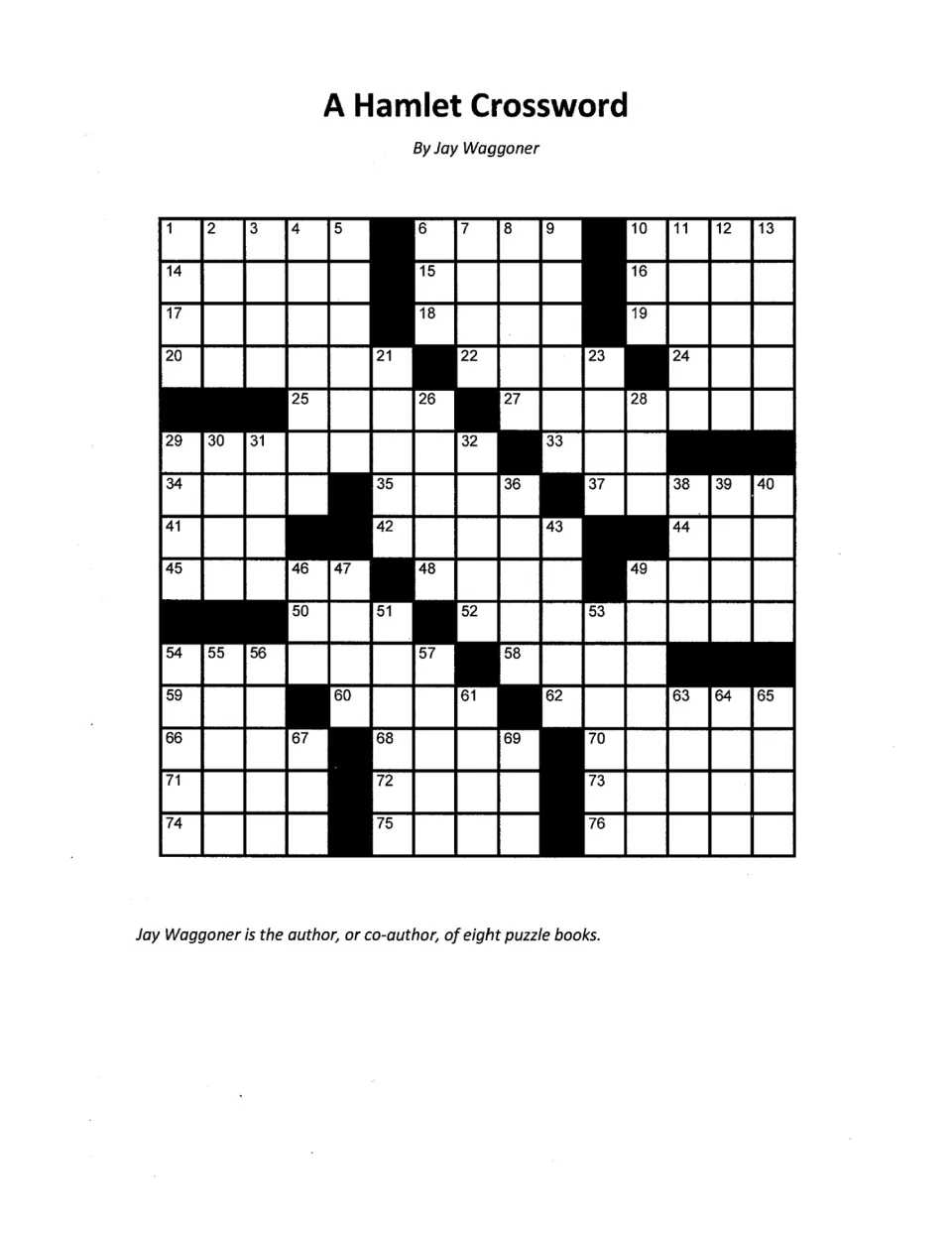 Hamlet crossword by Jay Waggoner: students fill in a blank grid of 76 numbered entries using the Across and Down clues