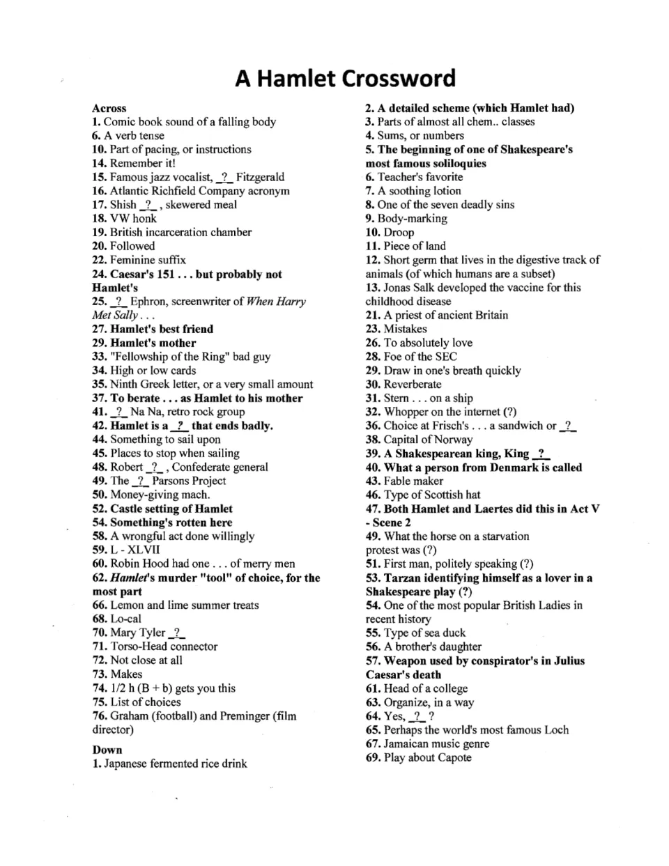 Across and Down clues for the Hamlet crossword; bold clues ask about Hamlet's mother, the castle setting and Act V