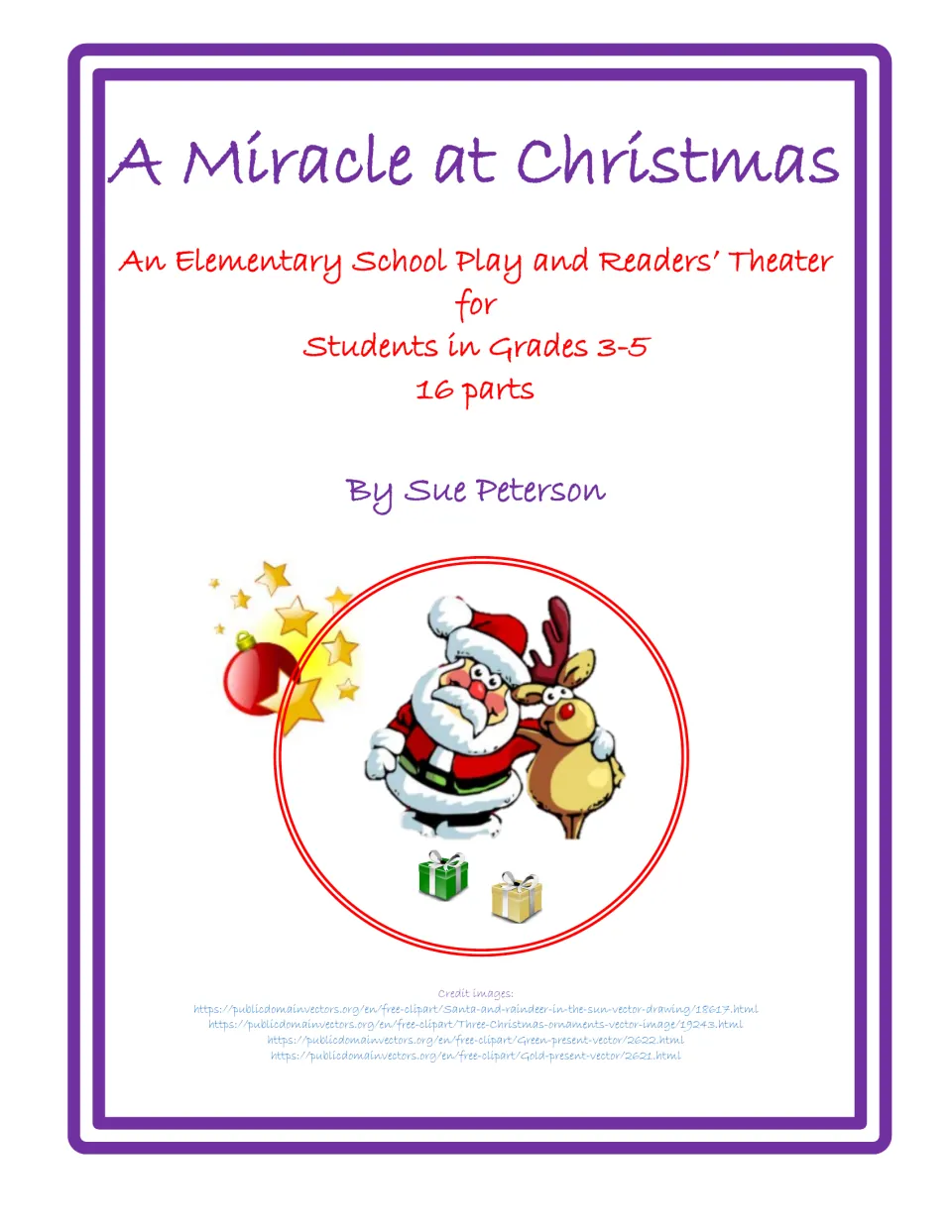 Cover of A Miracle at Christmas by Sue Peterson, an elementary play and readers’ theater with 16 parts
