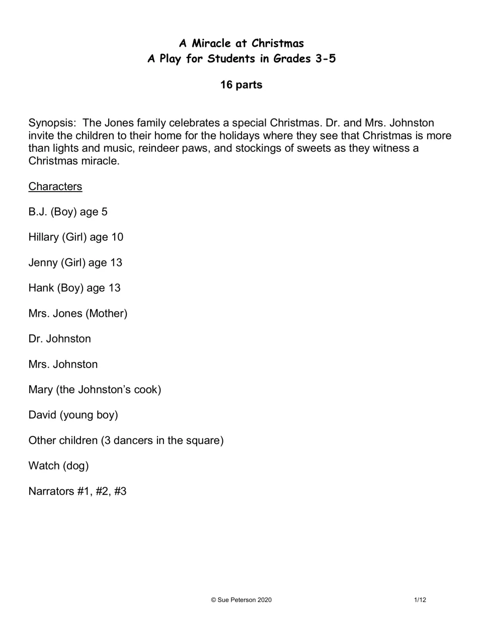 Christmas play synopsis and cast list: the Jones family, the Johnstons, Mary, David, dancers and narrators