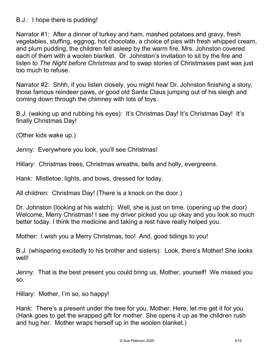 Script continuation: Christmas morning brings Mother’s return, and the children give her a woolen blanket