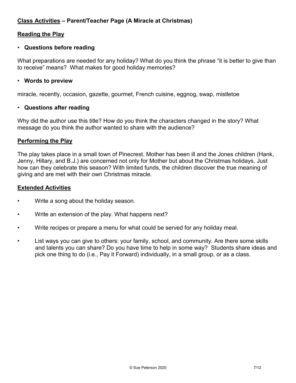 Teacher guide for the play: reading questions, vocabulary preview, performance context and extension ideas