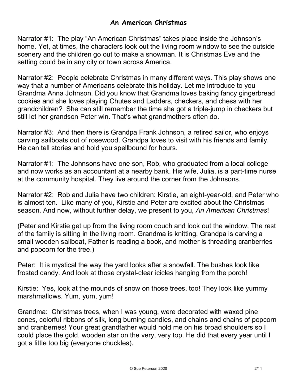 Opening script introduces the Johnson family as Peter and Kirstie admire snow and Grandma recalls tree decorations
